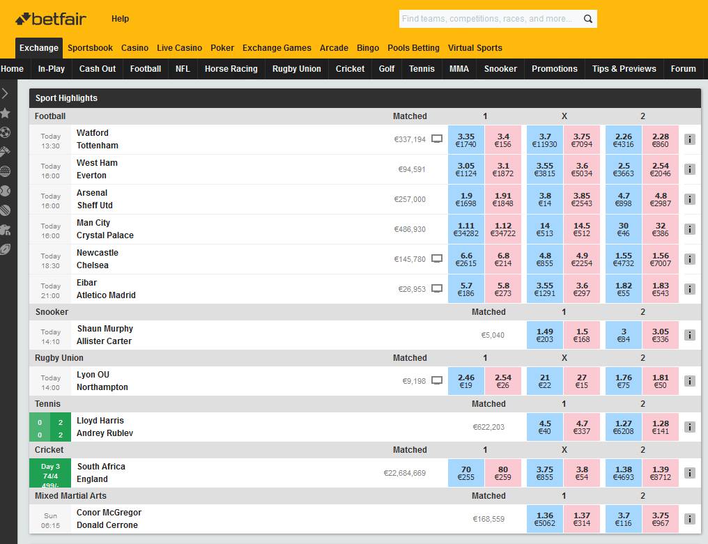 Alle sportsgrene på Back and Lay-platformen